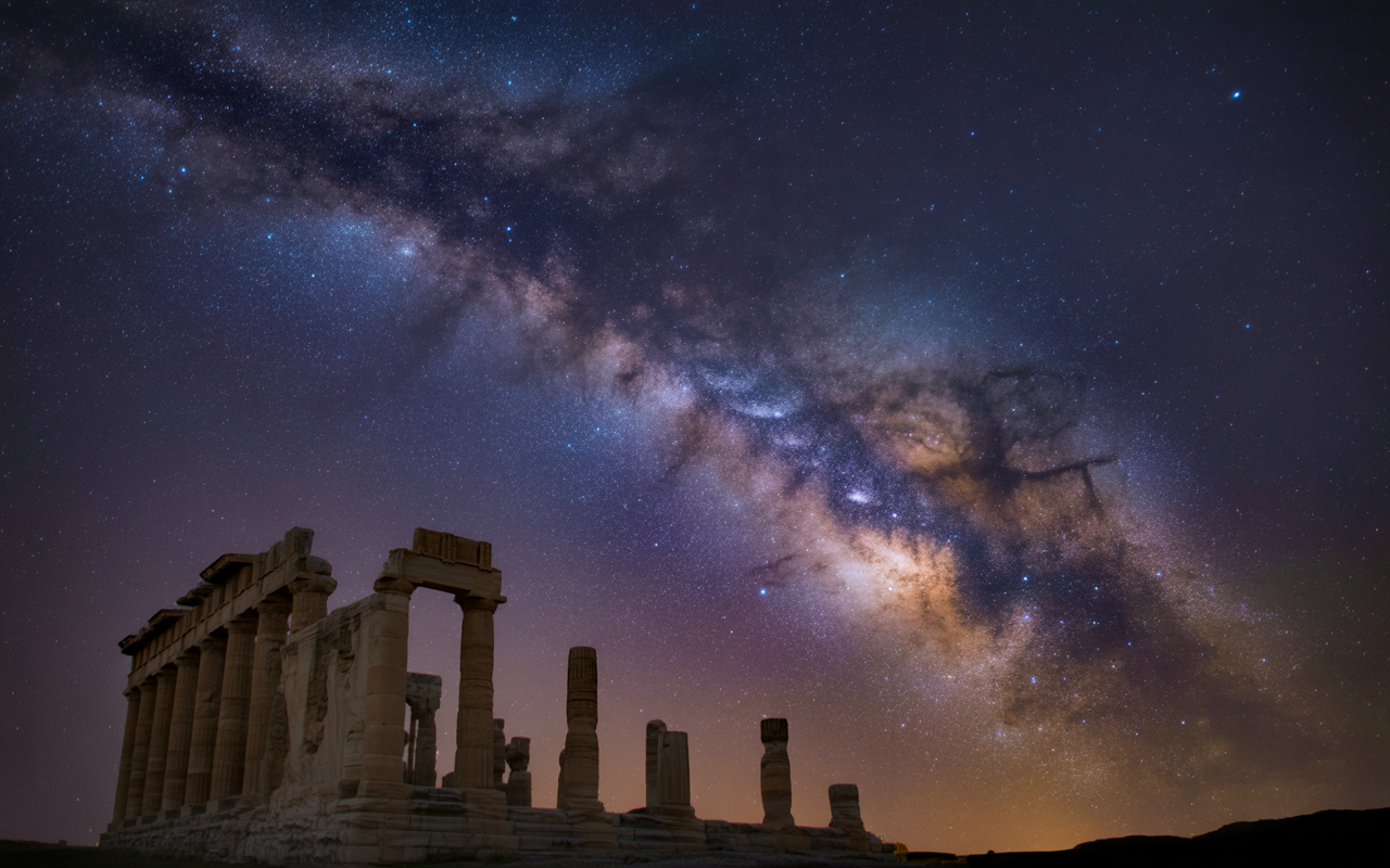 Ancient ruins beneath a star-filled night sky